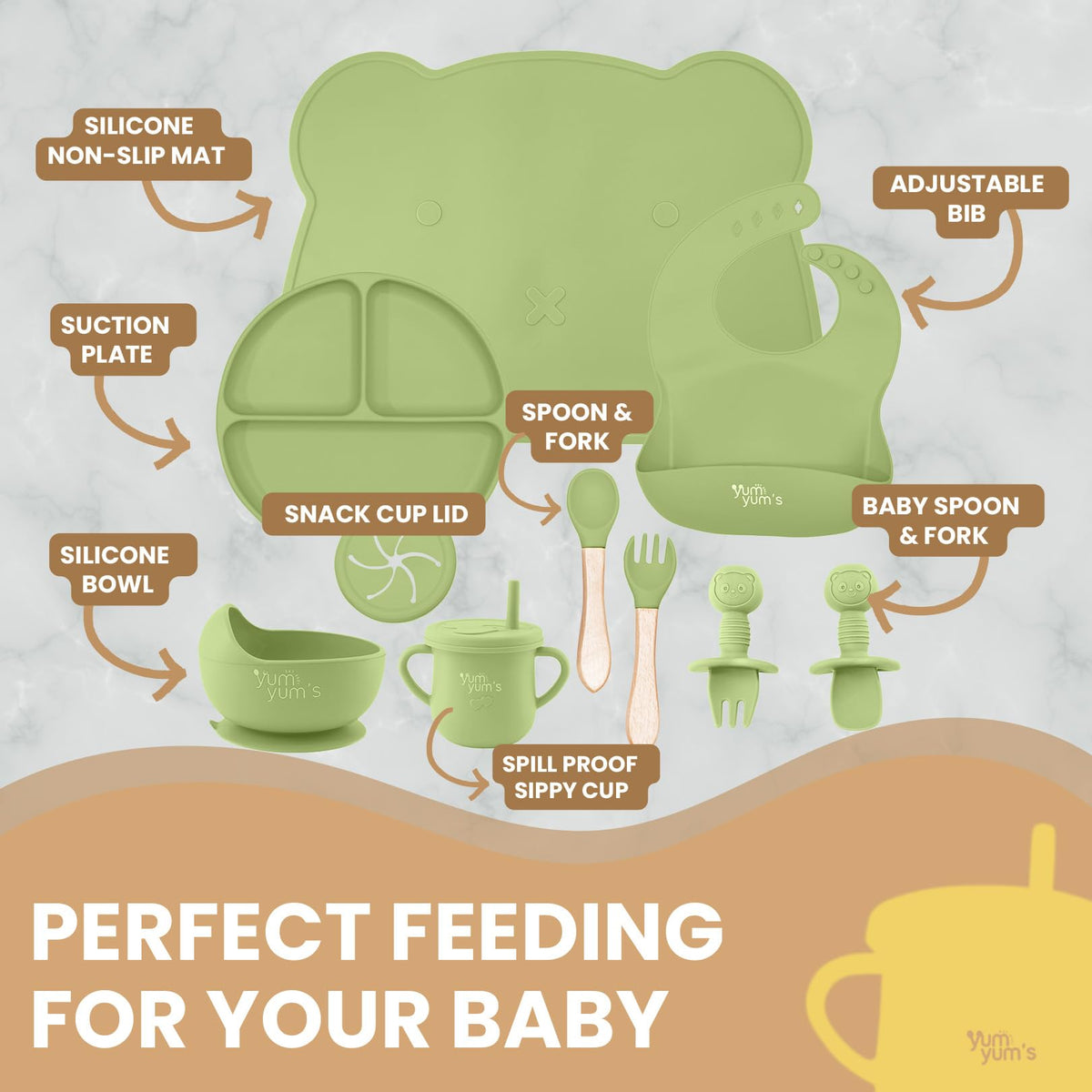 Yum Yum's Baby 10 Pcs Blue Weaning Set - Complete Toddler Feeding Kit w/Sectioned Plate, Suction Bowls, Cutlery with Mouth Guard, Straw Cup, Bib & Mat - Non-Slip - for Toddlers & Baby Gift