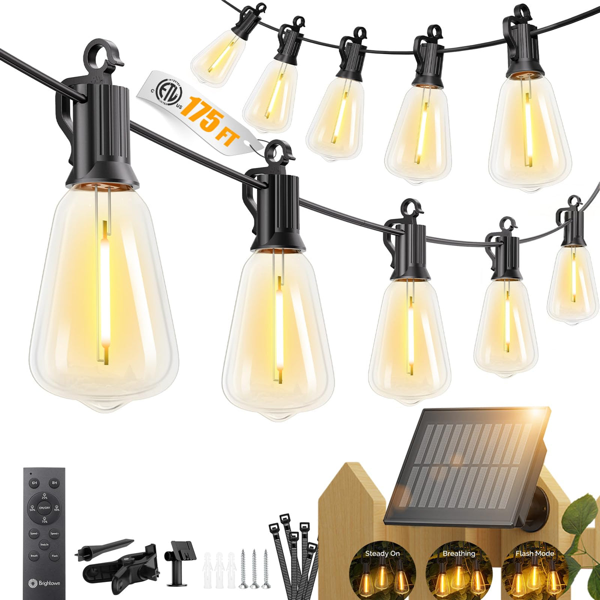 Brightown 52FT Solar String Lights Outdoor Waterproof, Last 30+ Hrs Runtime