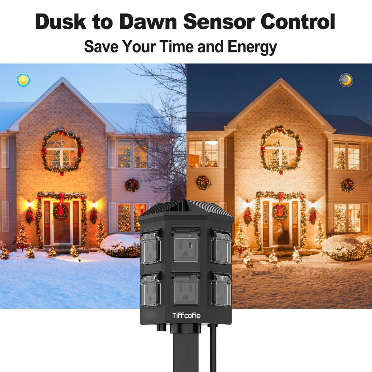 TiFFCOFiO Outdoor Power Stake Timer, 100FT Remote Control, Dusk to Dawn Christmas Light Timer, 6FT Extension Cord Waterproof, 6 Grounded Outlets for Outdoor Christmas Decorations, ETL Listed
