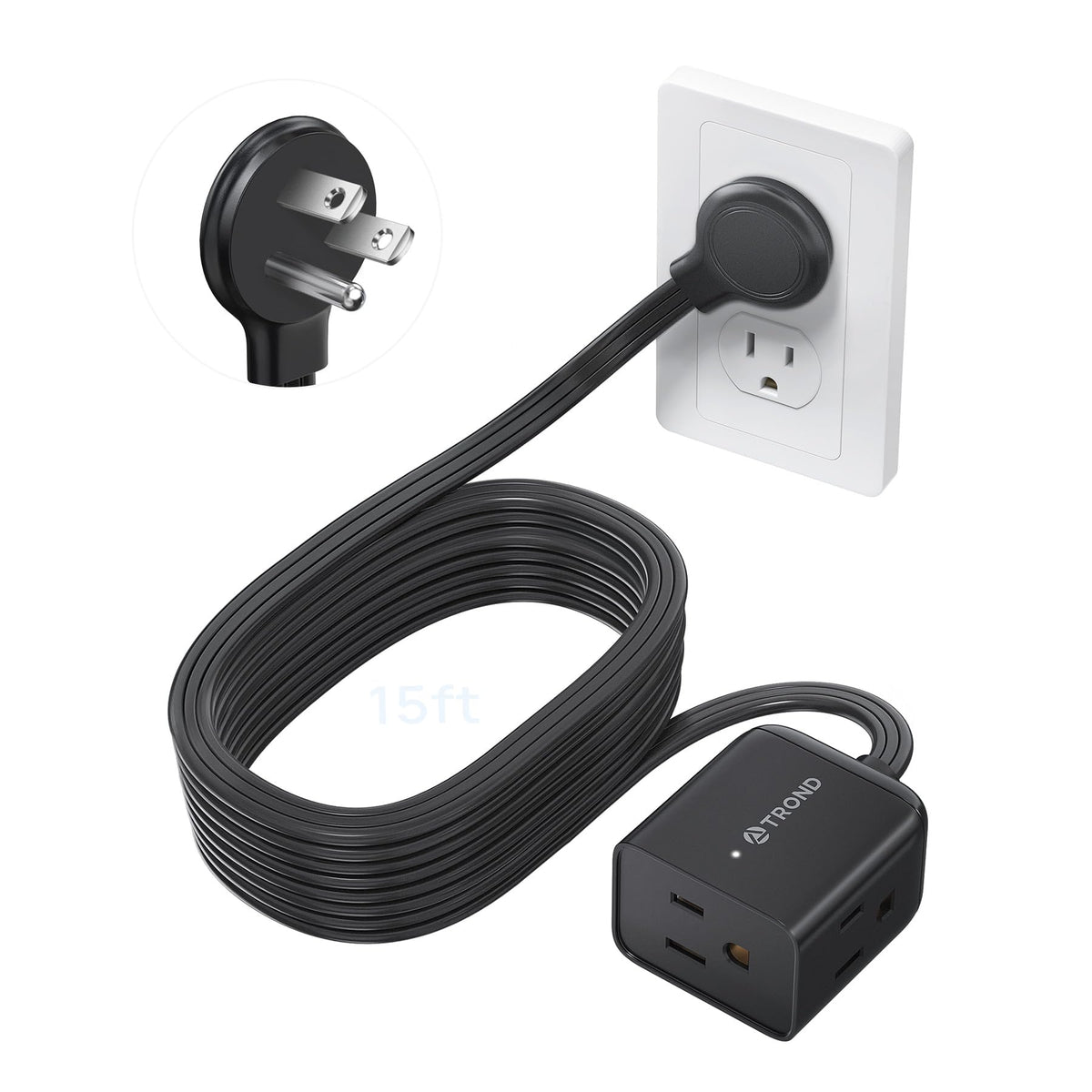 TROND Rightward Flat Plug Extension Cord 6ft for Small Tight Spaces, White