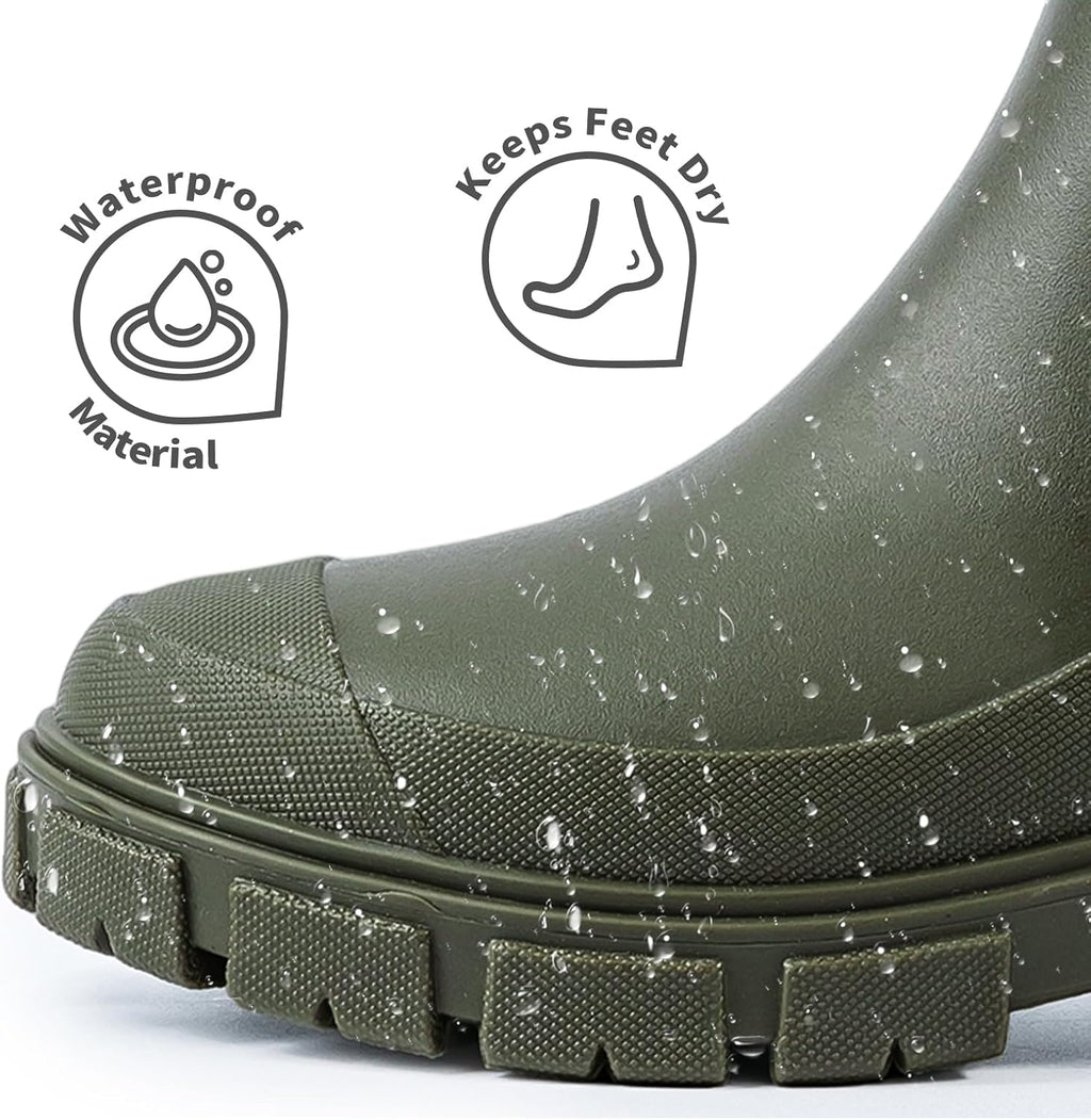 DRECAGE Wellies Boots Women Waterproof Short Chelsea Fashion Ladies Comfortable Rain Boots Outdoors Garden Walking
