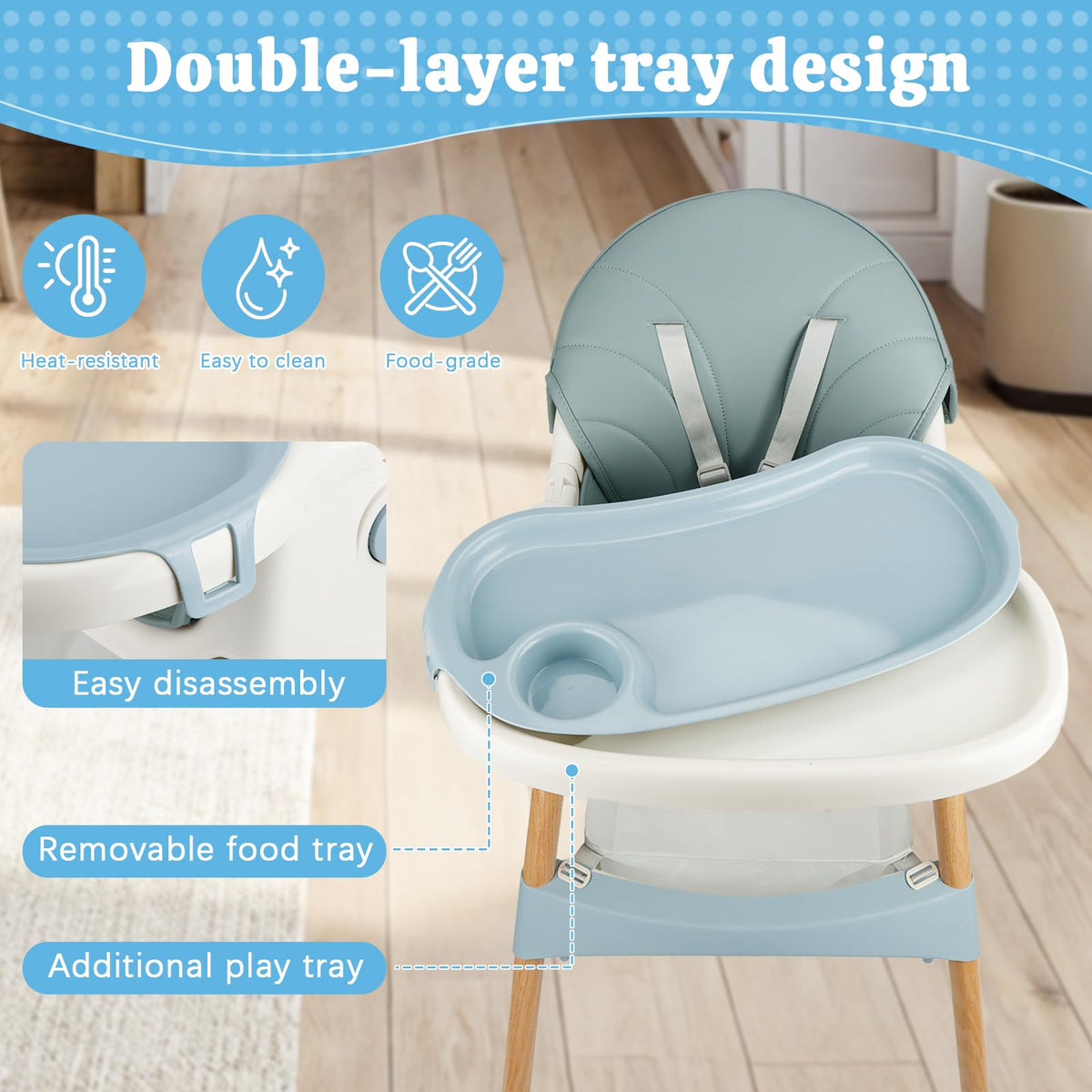 Baby High Chair Foldable Highchair, High Chairs for Babies and Toddlers Adjustable Height & Reclining Seat Detachable Double Tray, Ergonomic Feeding Portable Highchairs for Newborn 6 Months to 5 Years
