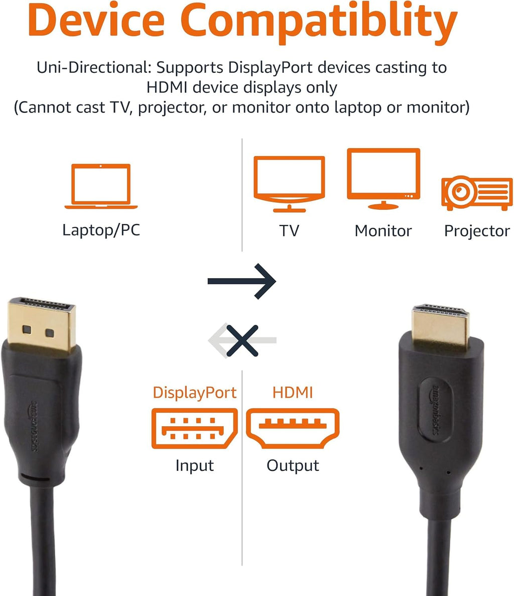 Amazon Basics DisplayPort to HDMI Cable, Uni-Directional, 0.9 m, Black