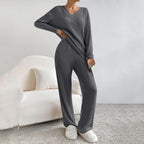 Lounge Wear Sets For Women Uk, Womens Pyjamas Set Long, Ladies Ribbed Loungewear Knit Outfits Womens Tracksuits 2 Piece Set V Neck Casual Casual Homewear