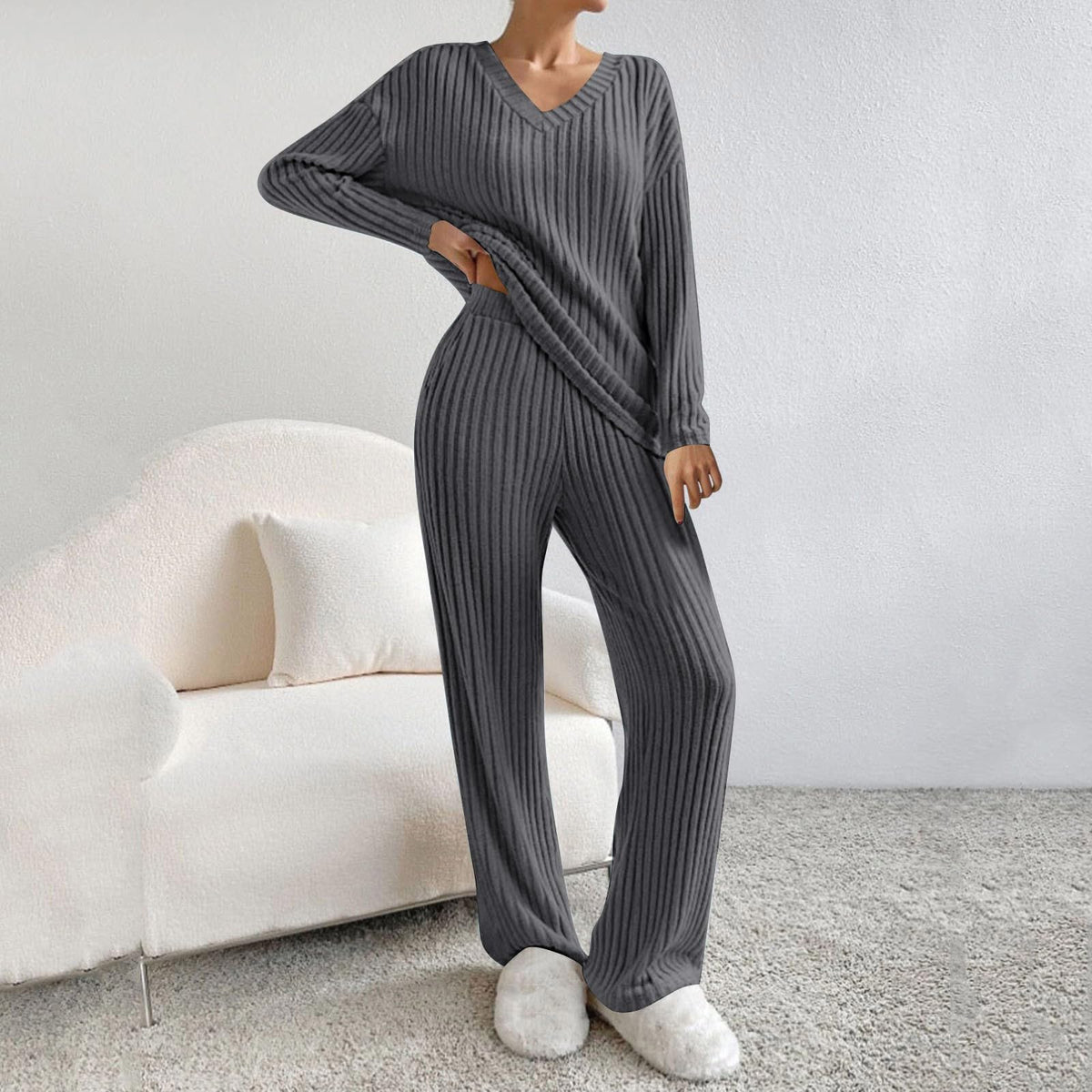 Lounge Wear Sets For Women Uk, Womens Pyjamas Set Long, Ladies Ribbed Loungewear Knit Outfits Womens Tracksuits 2 Piece Set V Neck Casual Casual Homewear