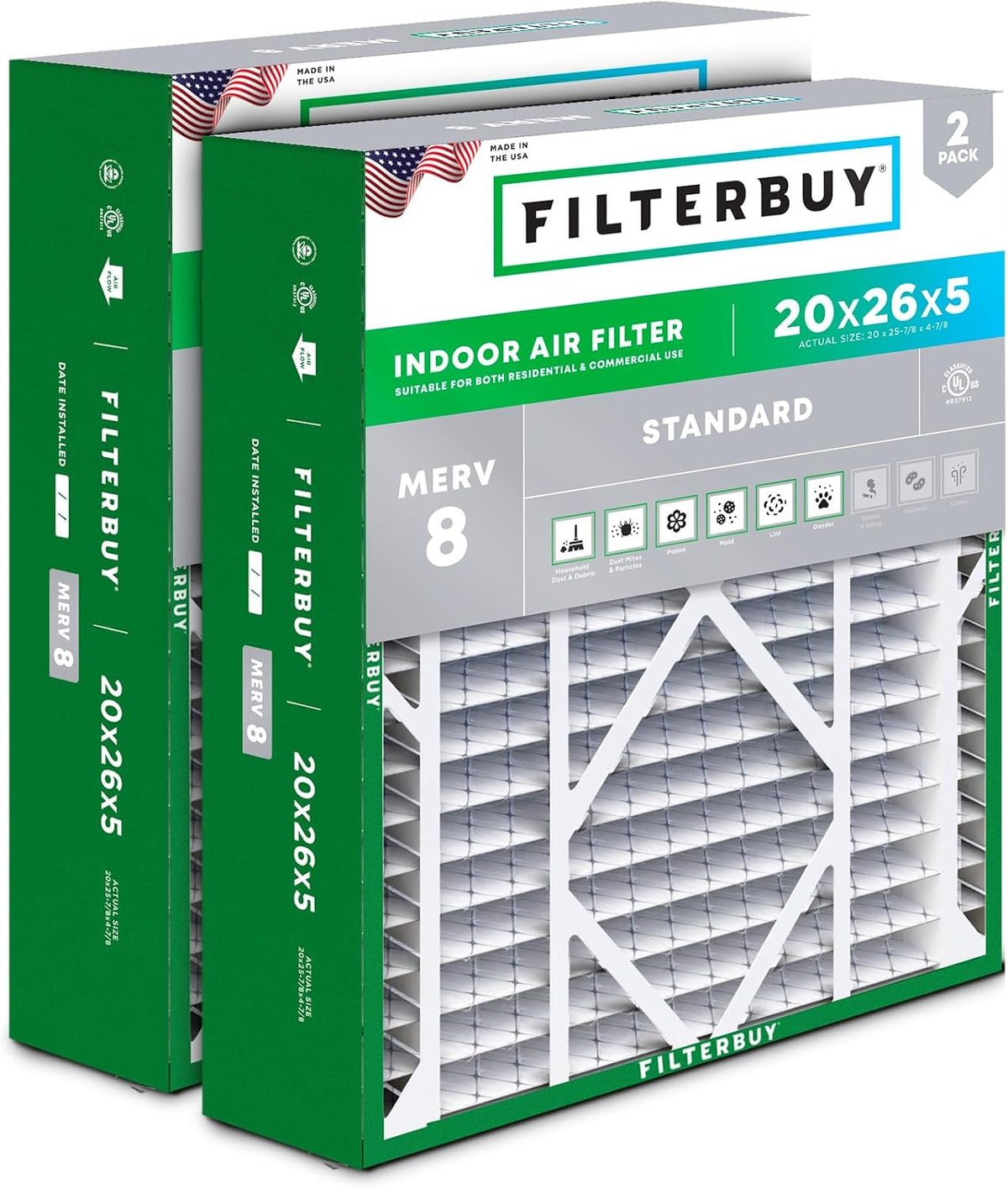 Filterbuy 22x24x5 Air Filter MERV 8 Dust & Allergy Defense (2-Pack)