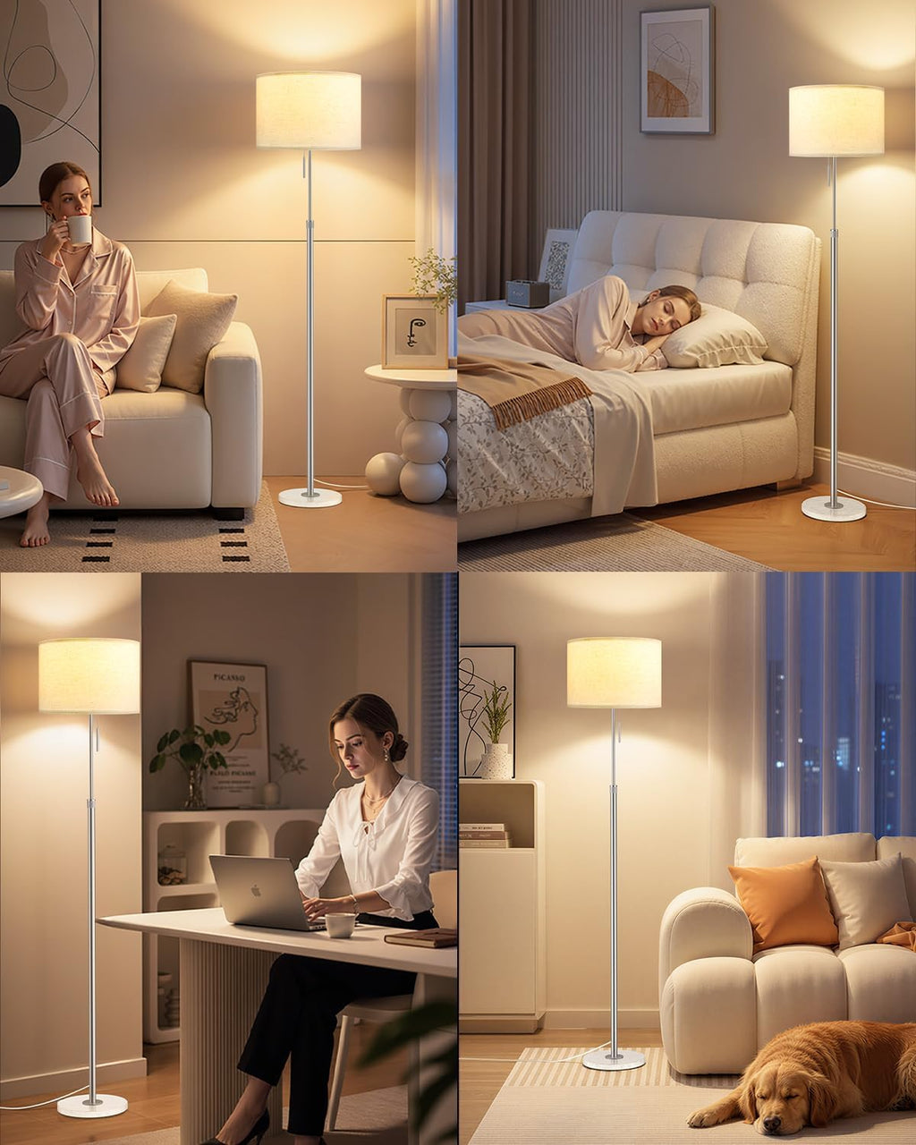 Ambimall Floor Lamp for Living Room with Smart Light Bulb, RGB + Stepless Dimmable Colors Temperature & Brightness(White Shade & Black Pole)