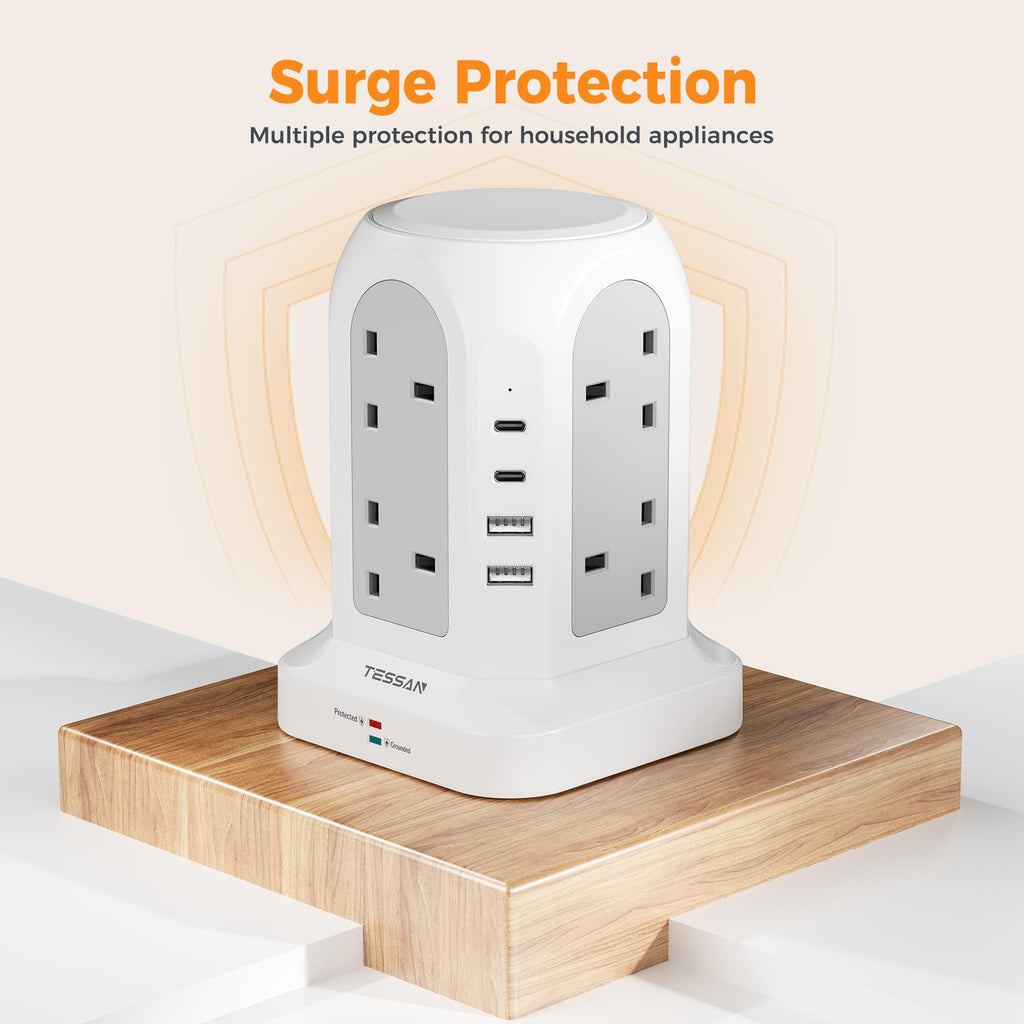 TESSAN 8 Way Tower Extension Lead 2M with 4 USB Slots (2 USB C)