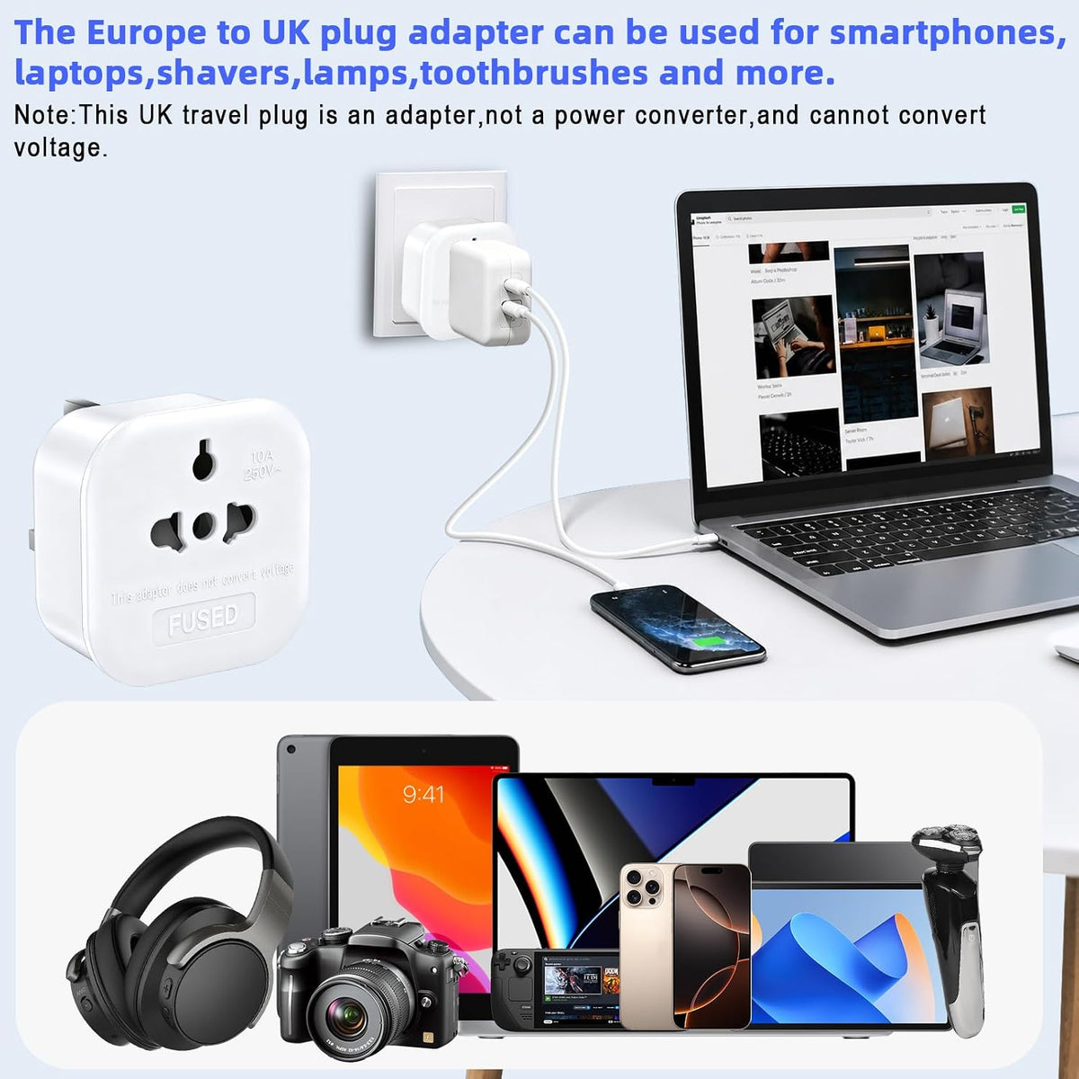 European to UK Plug Adapter US to UK Power Adaptor,US to UK Travel Adapter,13A 250V World Global Appliance Converter for the Visitor from USA, EU, Australia, Thailand, Canada, Japan,China.