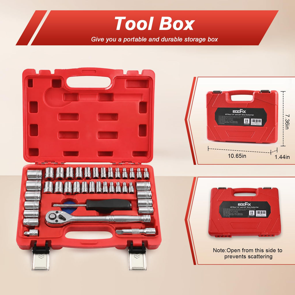 Egofine 46 Pieces 1/4 inch Drive Socket Ratchet Wrench Set, with Bit Socket Set Metric and Extension Bar for Auto Repairing and Household, with Storage Case