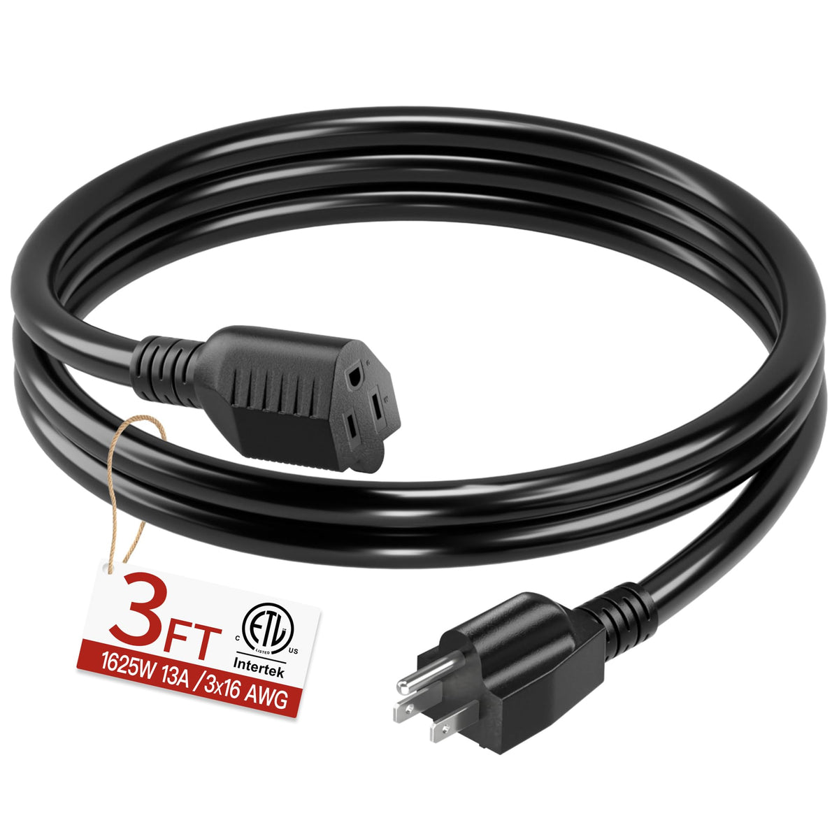 Skrizcable 16/3 15 FT Outdoor Extension Cord Waterproof, Black Power Cord