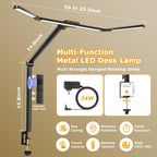 Airlonv LED Desk Lamp with Clamp, 17" Stepless Dimming Light, Black