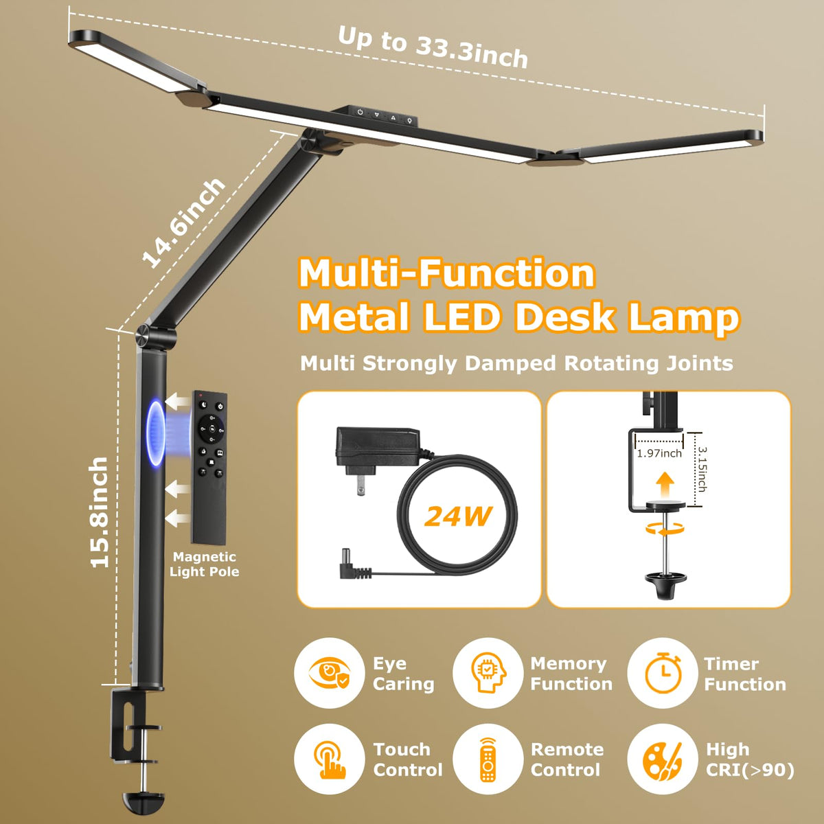 Airlonv LED Desk Lamp with Clamp, 17" Stepless Dimming Light, Black