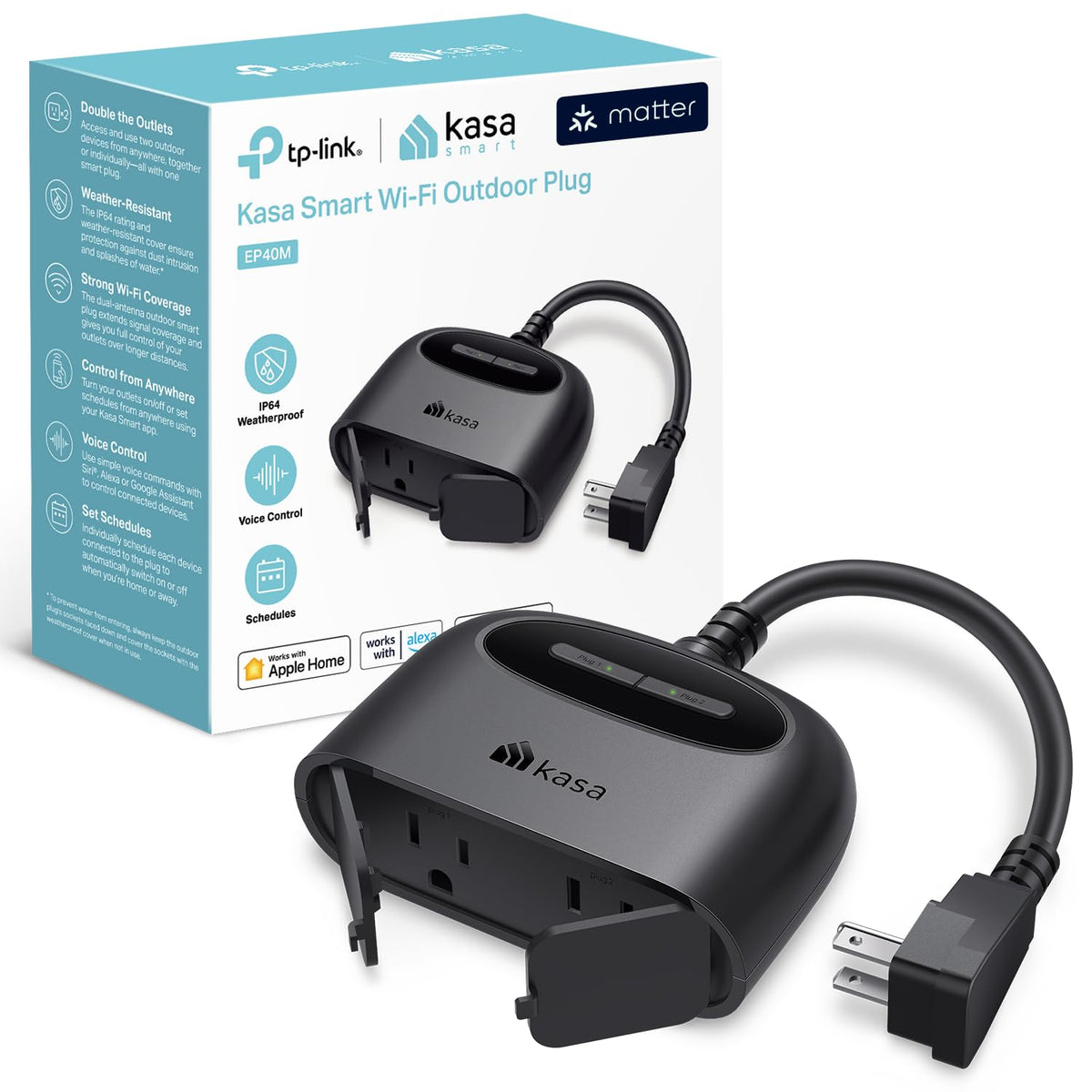 Kasa Outdoor Smart Plug, Smart Home Wi-Fi Outlet with 2 Sockets, EP40