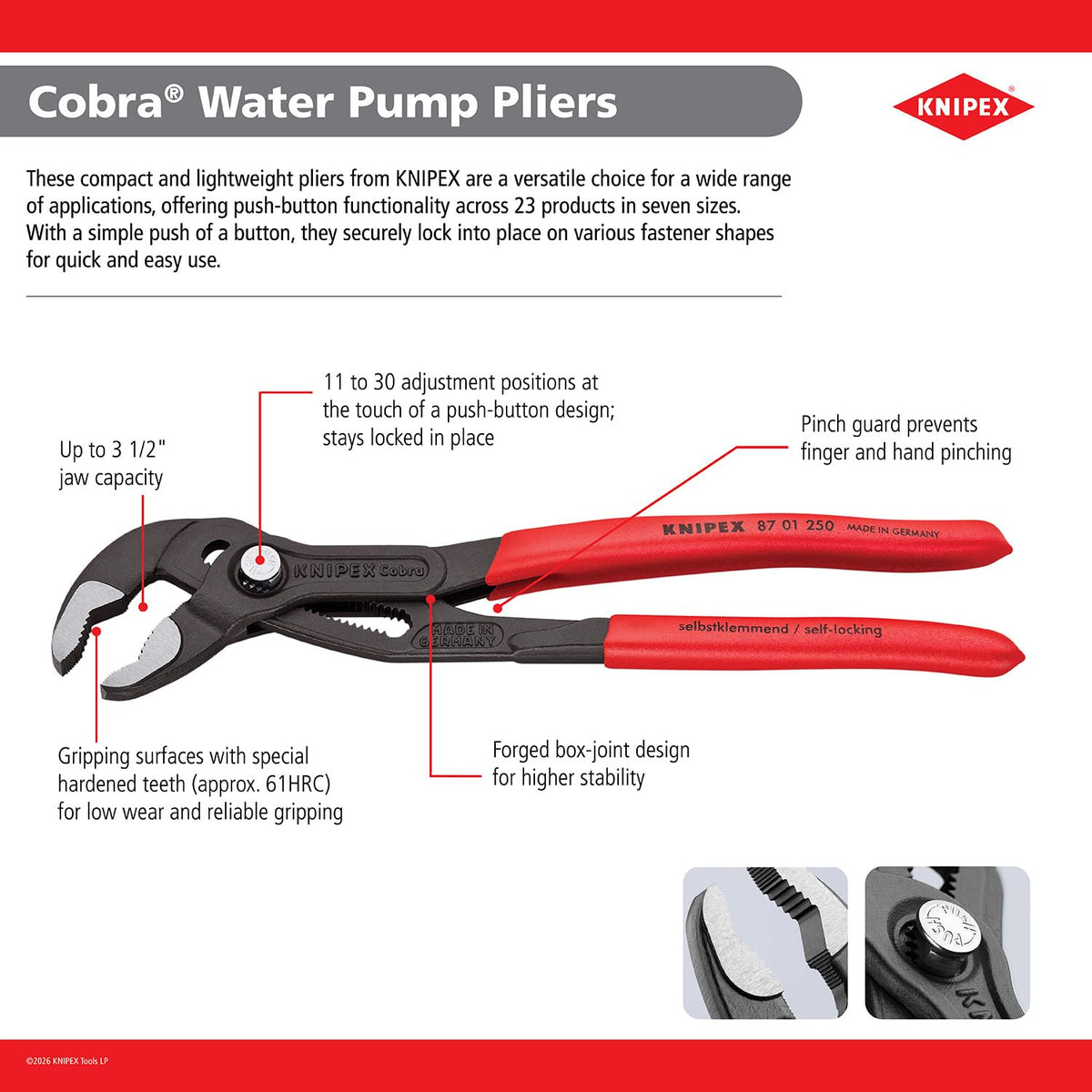 KNIPEX 87 01 250, 10 in. Cobra® Water Pump Pliers, Capacity 2 in.