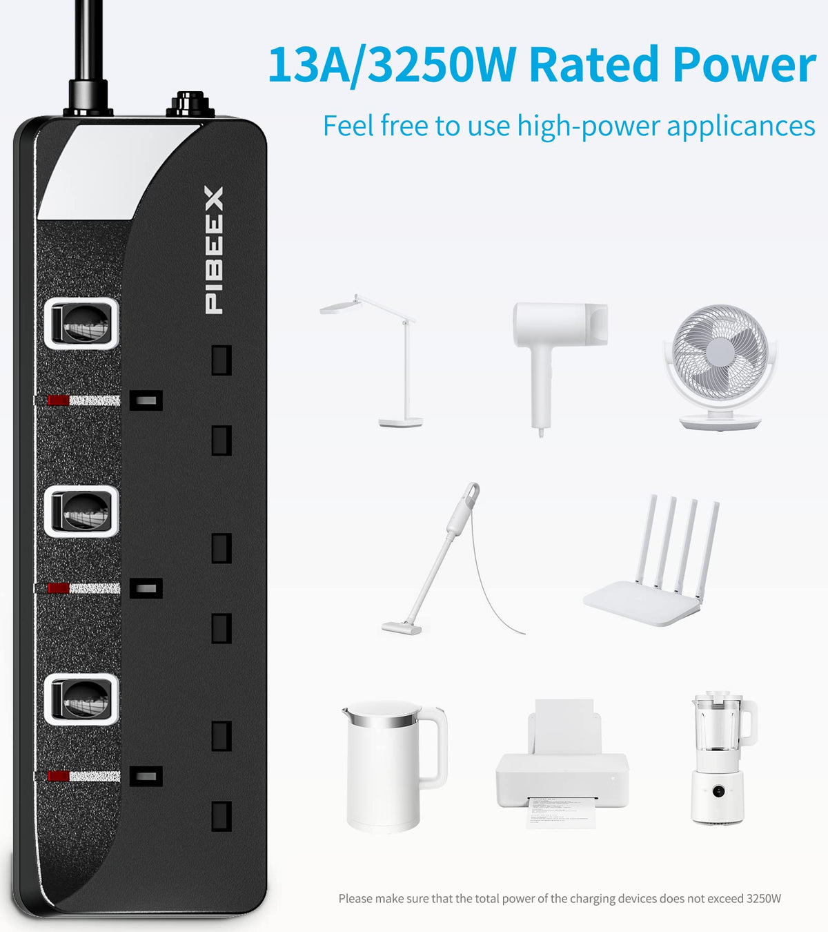 PIBEEX Extension Lead 2 Way Plug Sockets with Individual Switches Wall Mountable Power Strip 3M Extension Cable 13A Fused UK Plug 3250W