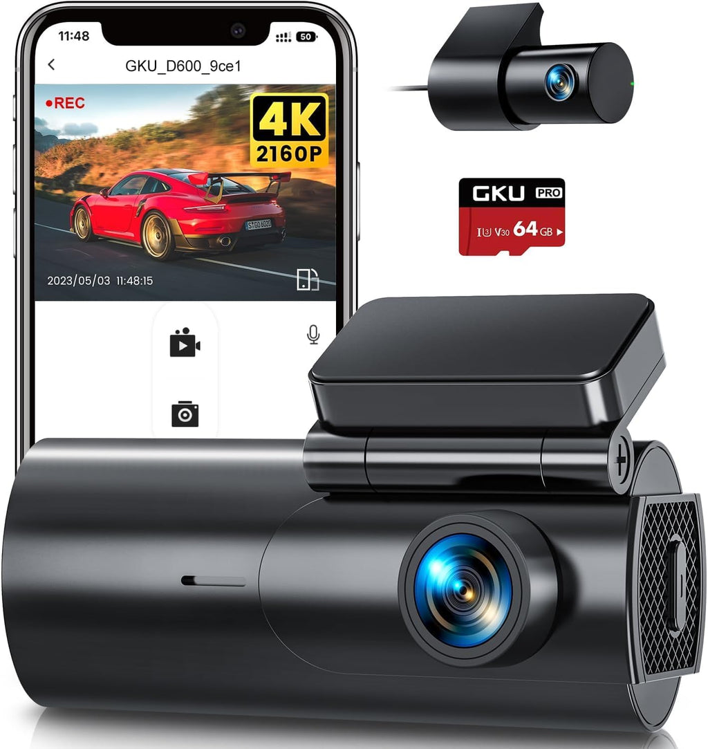 GKU 4K Dash Cam Front and Rear, 5GHz WiFi Dashcam with 64GB SD Card