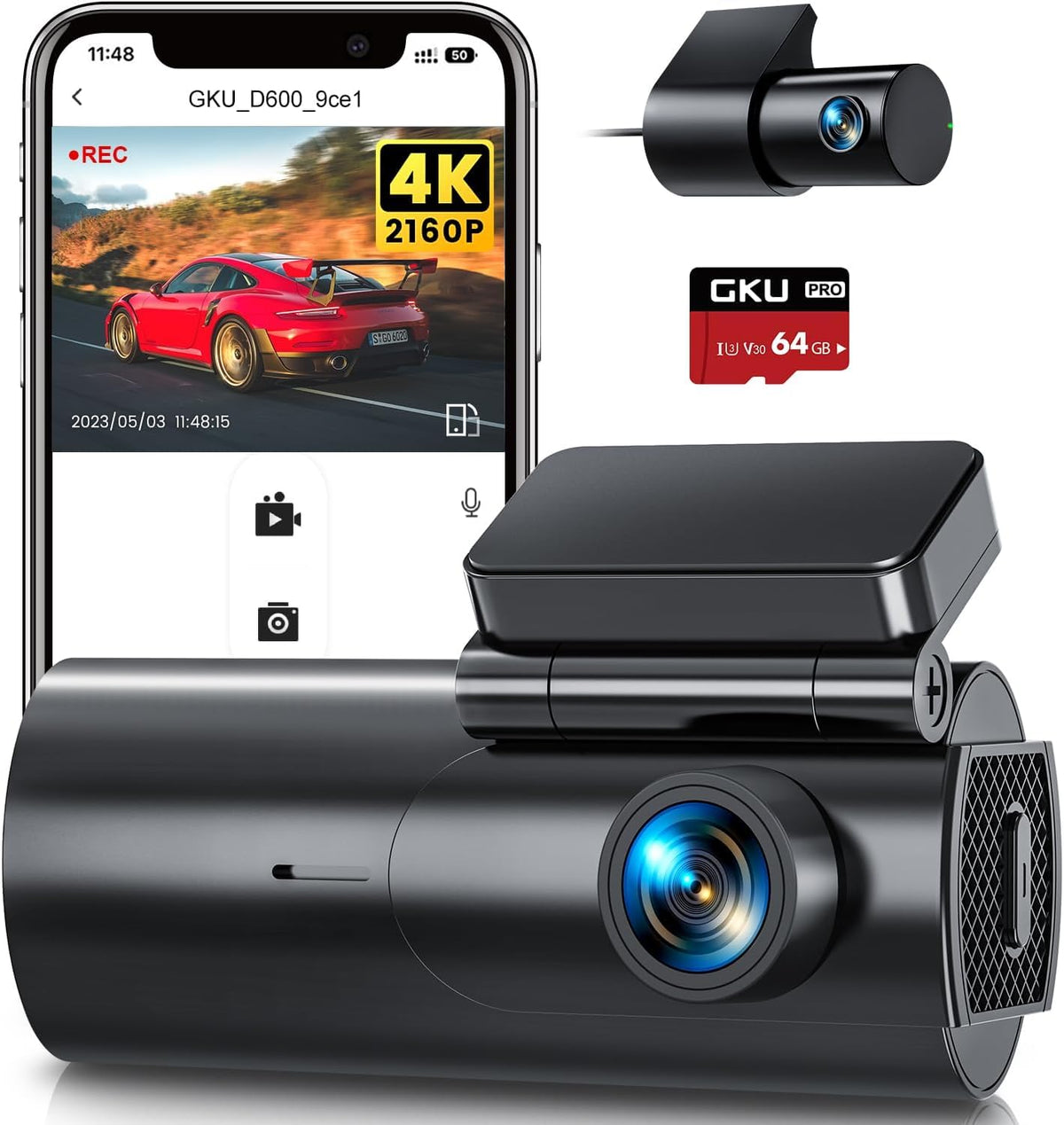 GKU 4K Dash Cam Front and Rear, 5GHz WiFi GPS, 64GB SD Card Included
