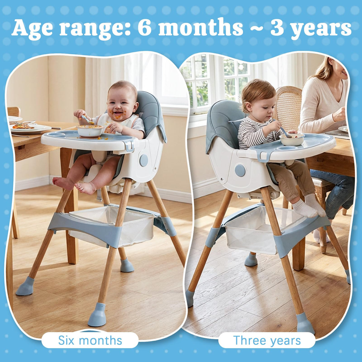 Baby High Chair Foldable Highchair, High Chairs for Babies and Toddlers Adjustable Height & Reclining Seat Detachable Double Tray, Ergonomic Feeding Portable Highchairs for Newborn 6 Months to 5 Years