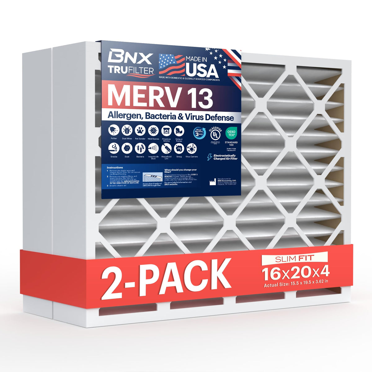 BNX TruFilter 20x20x1 Air Filter MERV 13 Smoke, Allergy, Pet Defense 6-Pack
