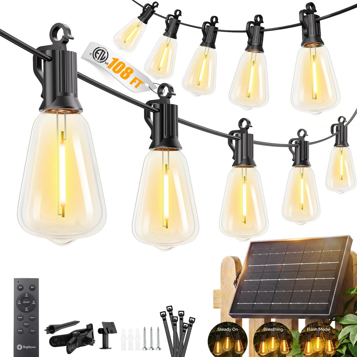 Brightown 52FT Solar String Lights Outdoor Waterproof, Last 30+ Hrs Runtime