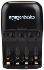 Amazon Basics Battery Charger for Rechargeable AA and AAA NiMh Batteries – UK Plug, 4-Bay, Black
