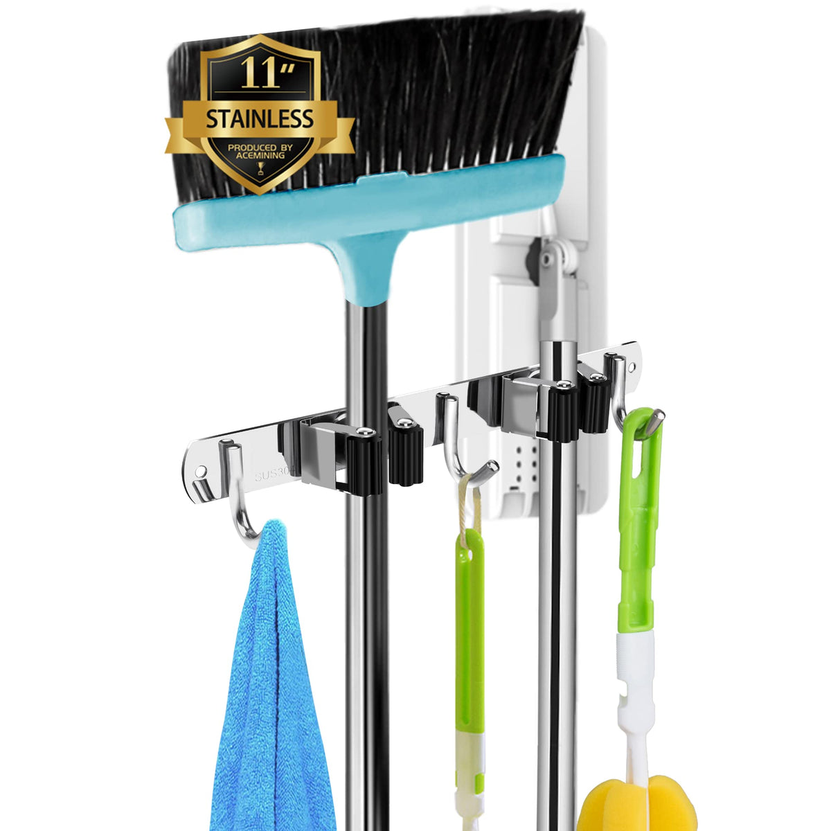 AceMining Broom Holder Wall Mount, 5 Racks 4 Hooks Heavy Duty Mop Organizer