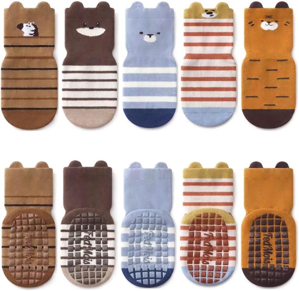 FedMois 5 Pairs Baby Kids Anti-slip Socks Cotton non skid Ankle Socks Animals