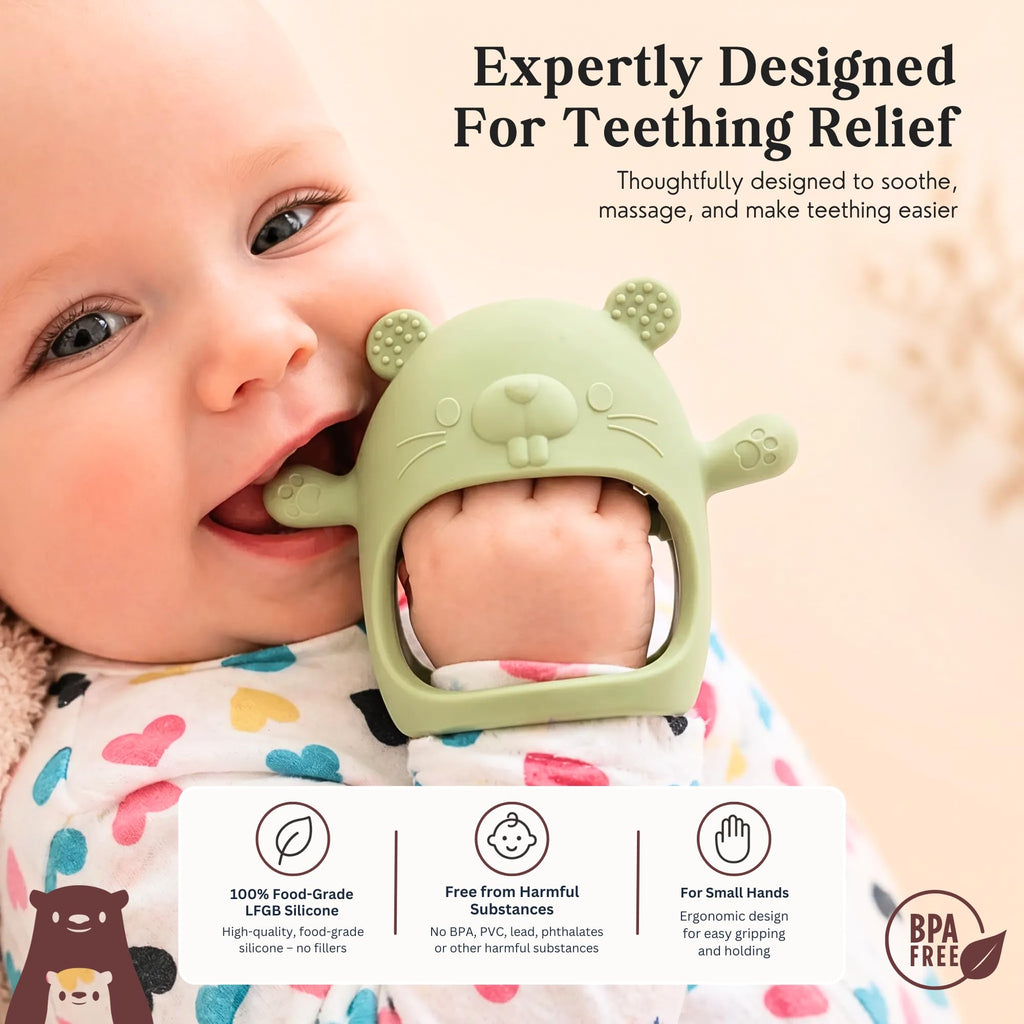 Infatot® Teething Toys for Baby Gifts – Chipmunk Silicone Mitten Teether, Soothing Glove for Infants, Baby Toys 0-6 Months, Soft Chewable Teether Toy to Prevent Finger Sucking, CM Blue.
