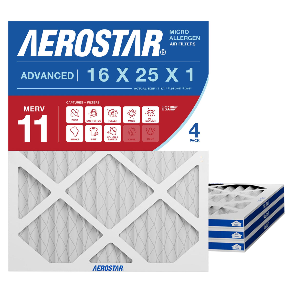 Aerostar Air Filter 16x25x1 MERV 8 AC Filter, HVAC, Furnace Filter, 6 Pack