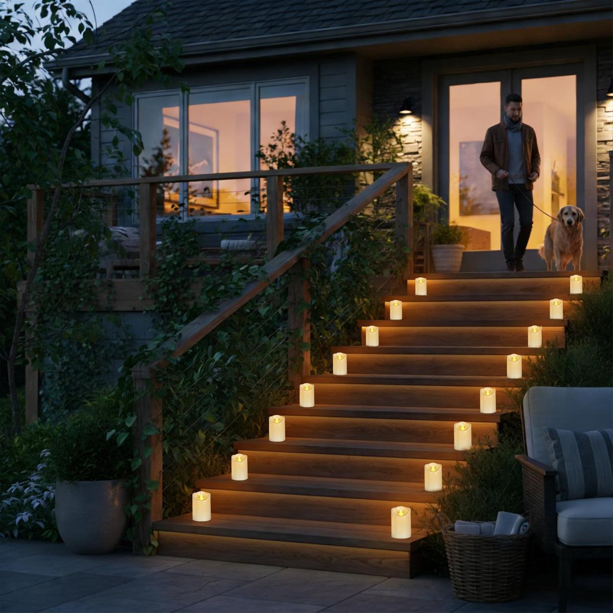Outdoor Flameless Candles, Patented 3D Dual-LED, Set of 2 Slanted Plastic Pillars with Remote, Waterproof Non-Melting Battery Operated Decor for Bathroom Bedroom Gift, Black (D3 x H6)