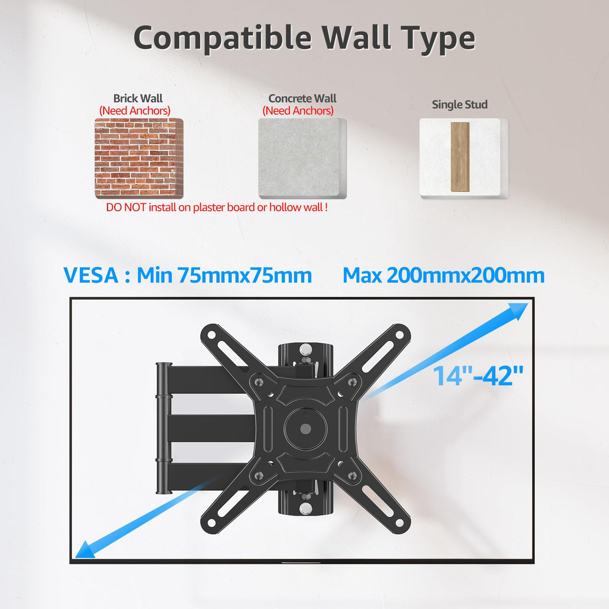 MOUNTUP 550 mm Long Arm TV Wall Bracket for 14–42 Inch TVs & Monitors