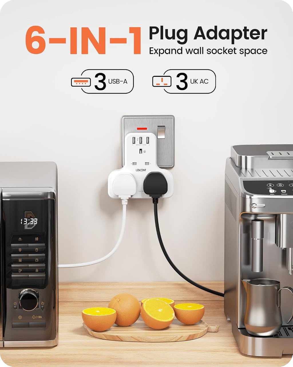 LENCENT Plug Extension Socket, 3 Way Multi Plug Socket with 3 USB Ports