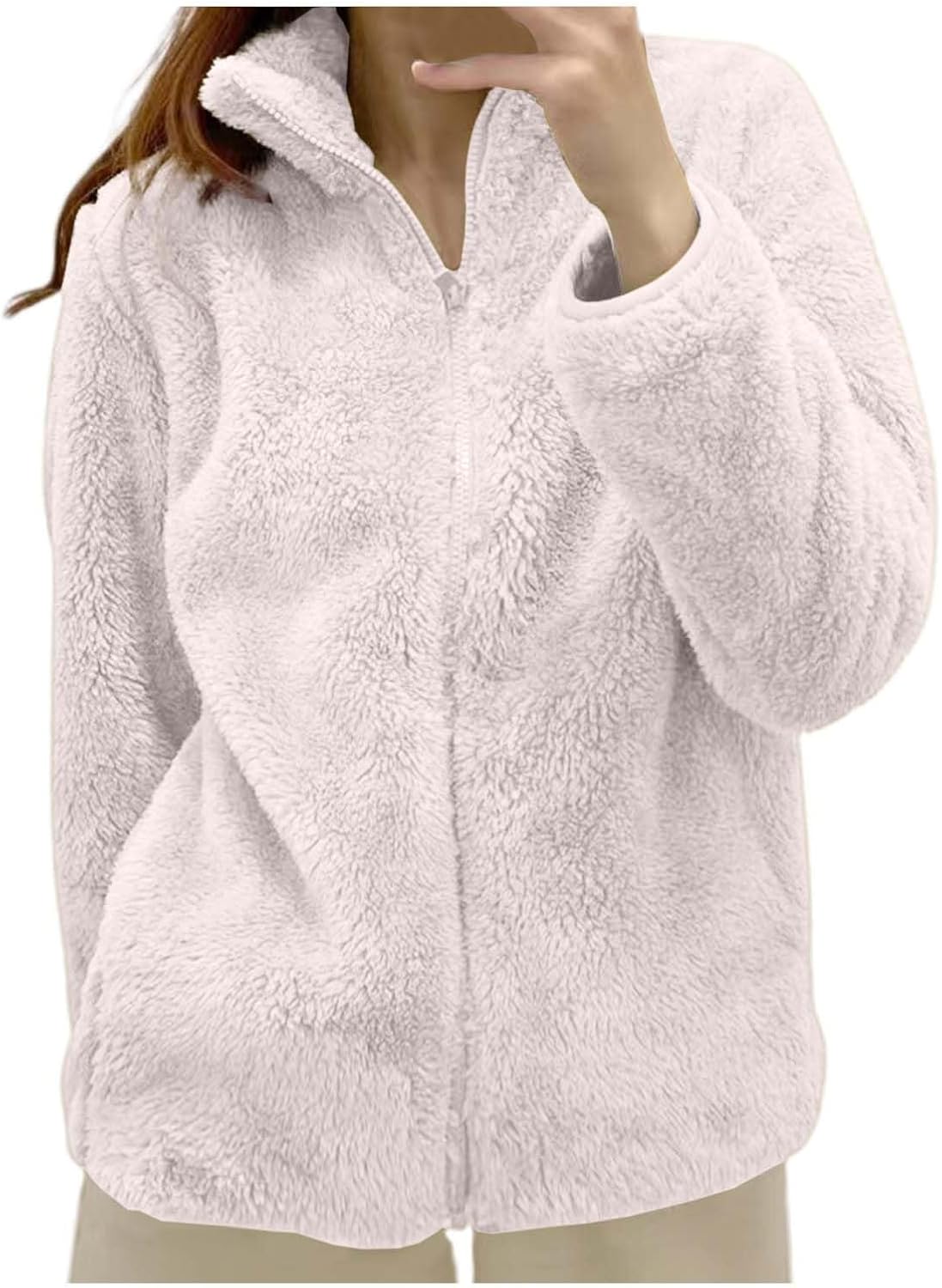 Fleece Winter Jackets for Women UK Fashion Warm Soft Fluffy Coats Causal Solid Color Long Sleeve Full Zip Jacket Elegant Callor Lapel Cardigans Ladies Teddy Fleece Outwear Gifts for Daily Holiday