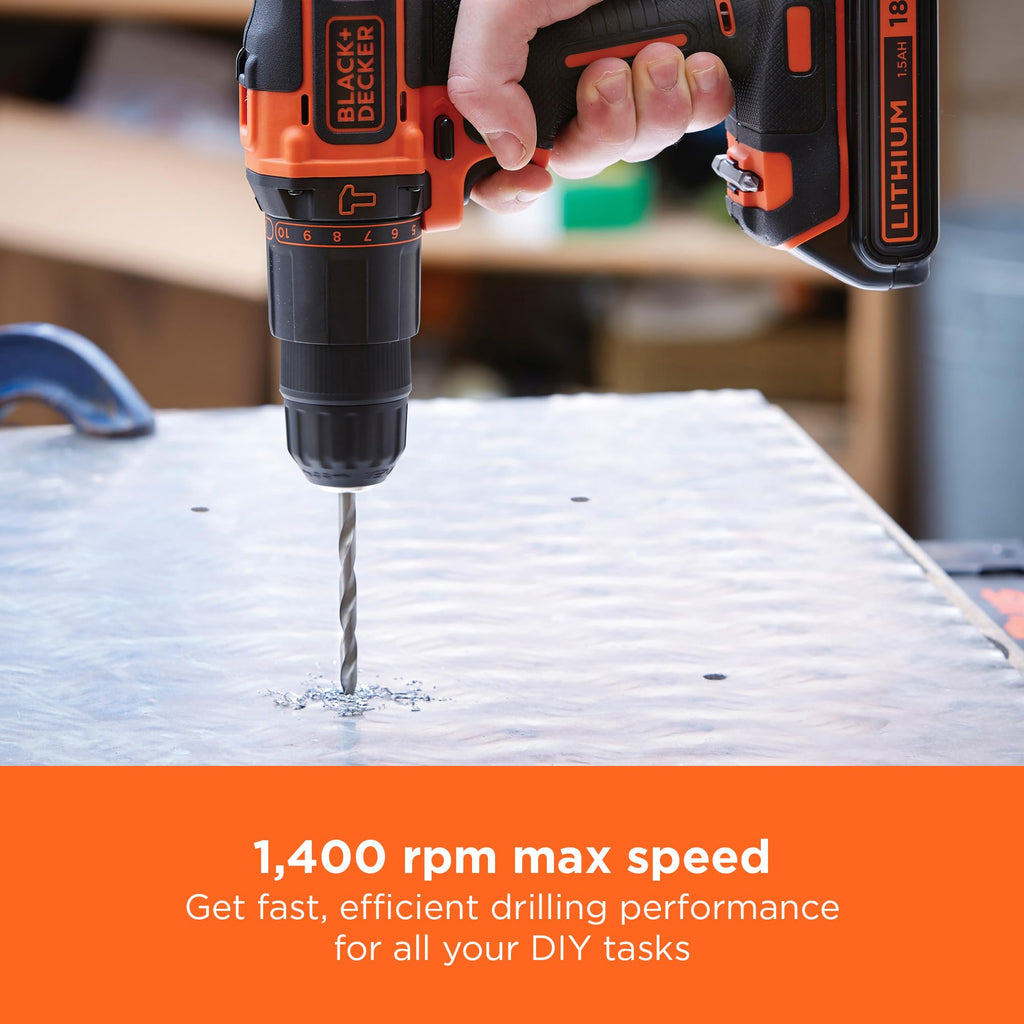 BLACK+DECKER 18 V Cordless 2-Gear Combi Drill with Kitbox and 2X 1.5 Ah Lithium Ion Batteries