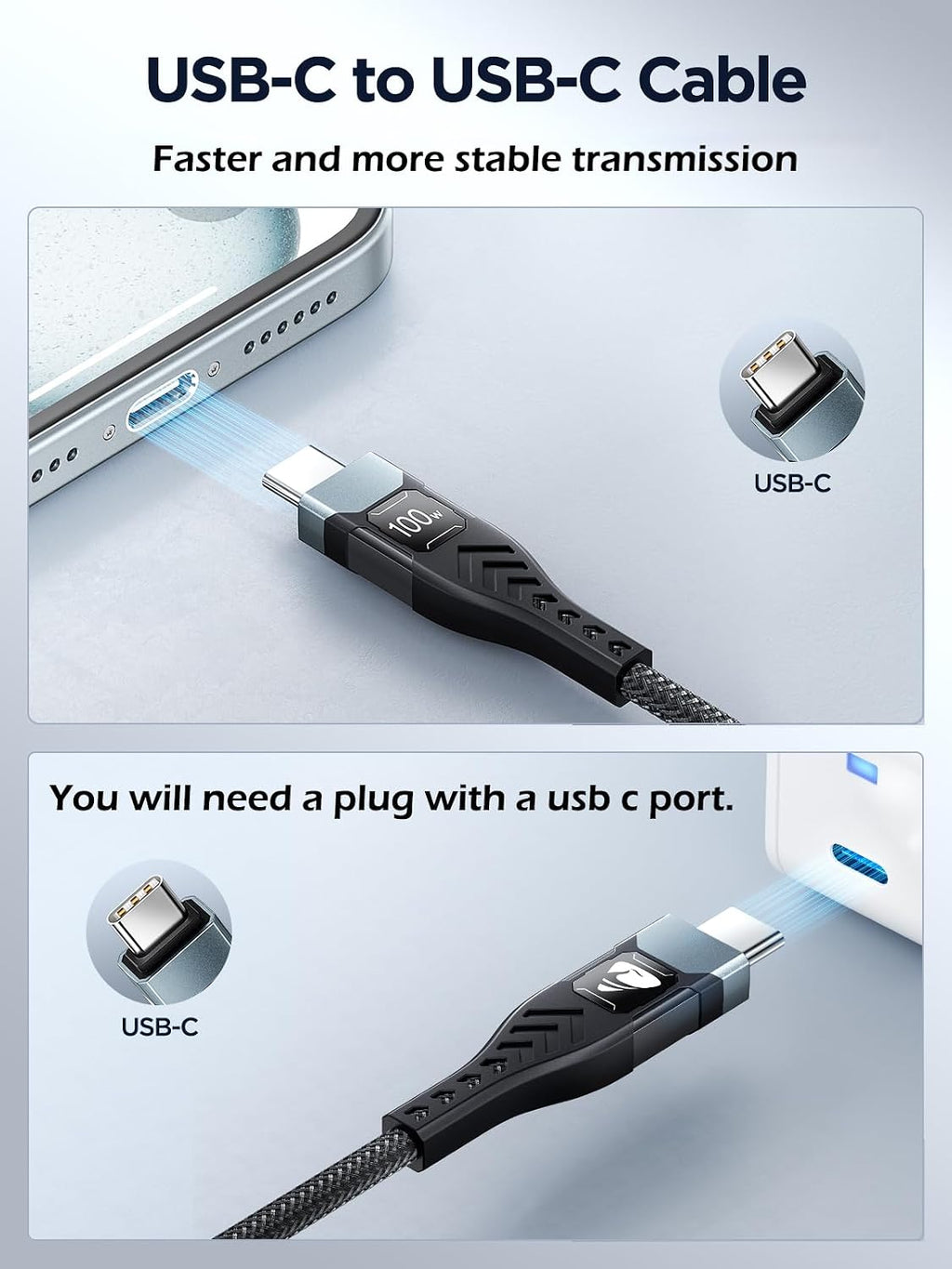 USB-C to C 1M 100W PD3.0 Fast Charging Cable - Compatible with MacBook Pro, iPad Air, iPhone 15, Samsung S23/S22/S21 Ultra, Pixel 7/6, Switch, PS5
