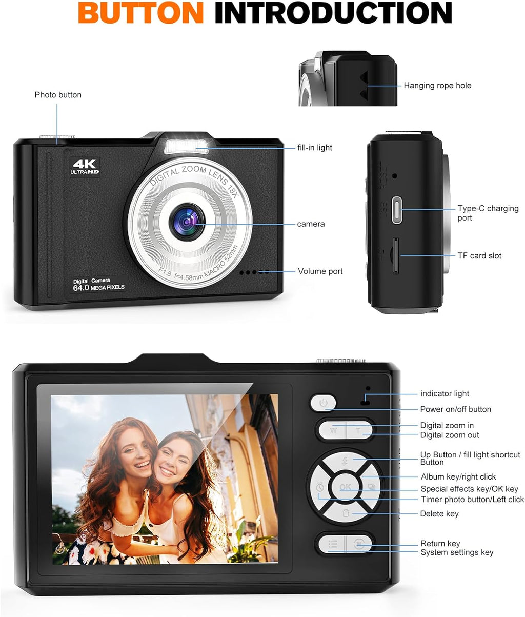 Digital Camera 4K 64MP Portable Vlogging Camera with 32GB SD Card