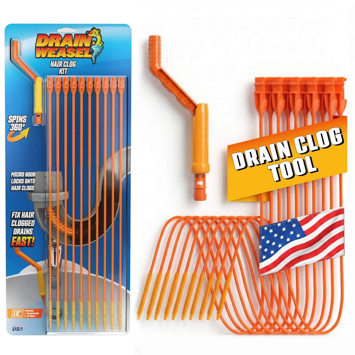 FlexiSnake Drain Weasel Sink Snake Hair Clog Remover Tool Kit, 5 Wands