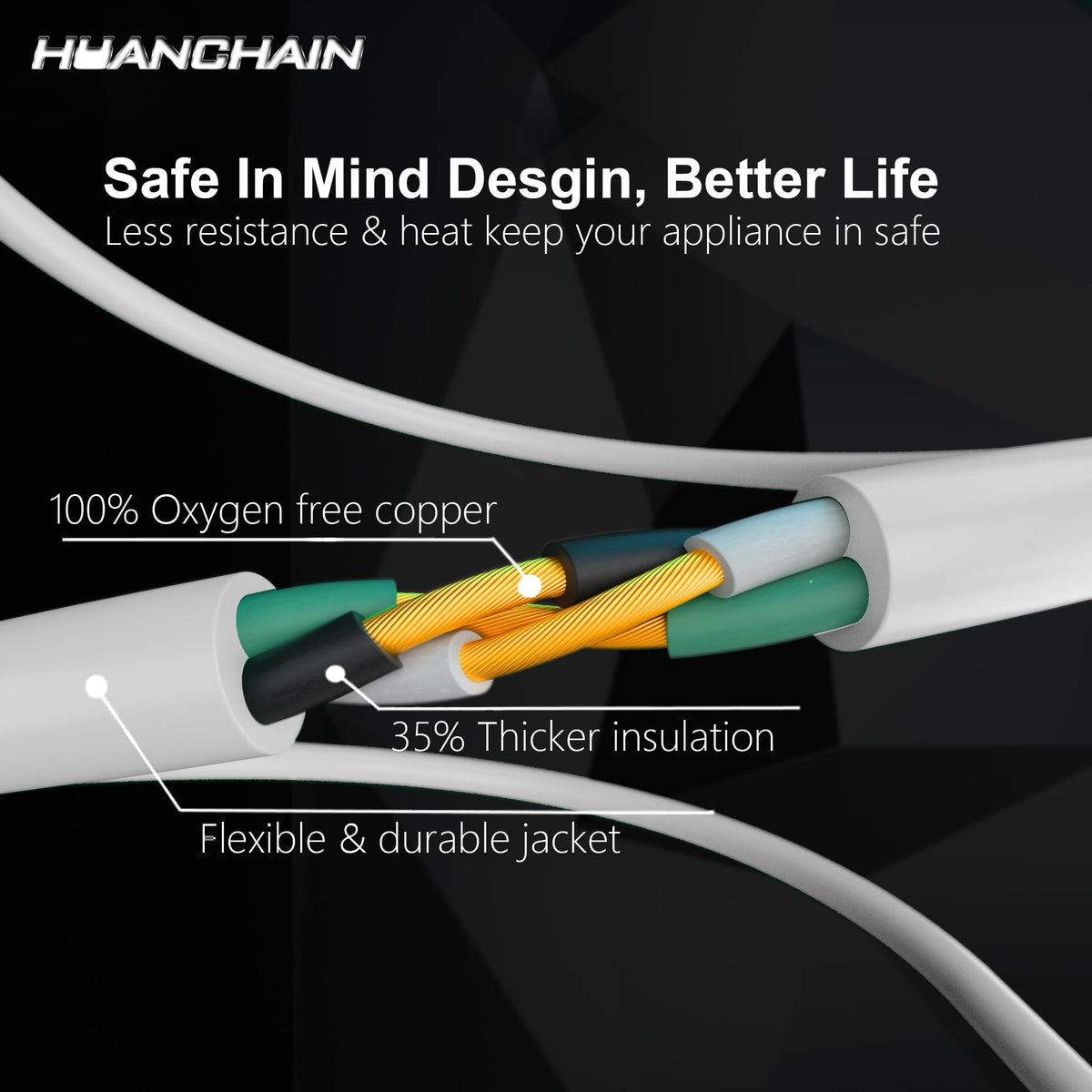 HUANCHAIN Indoor Black Extension Cord 3 FT Waterproof 16/3 Gauge