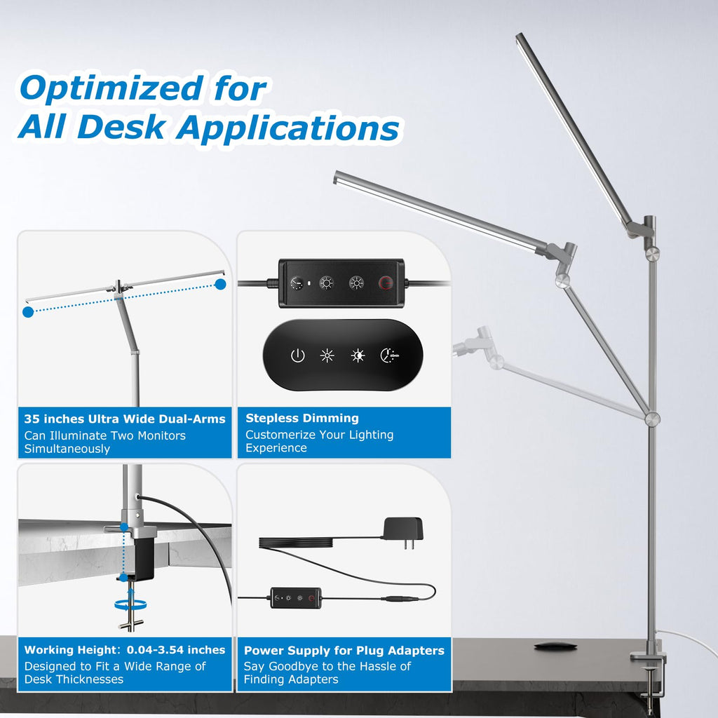 Airlonv LED Desk Lamp with Clamp, 17" Stepless Dimming Light, Black