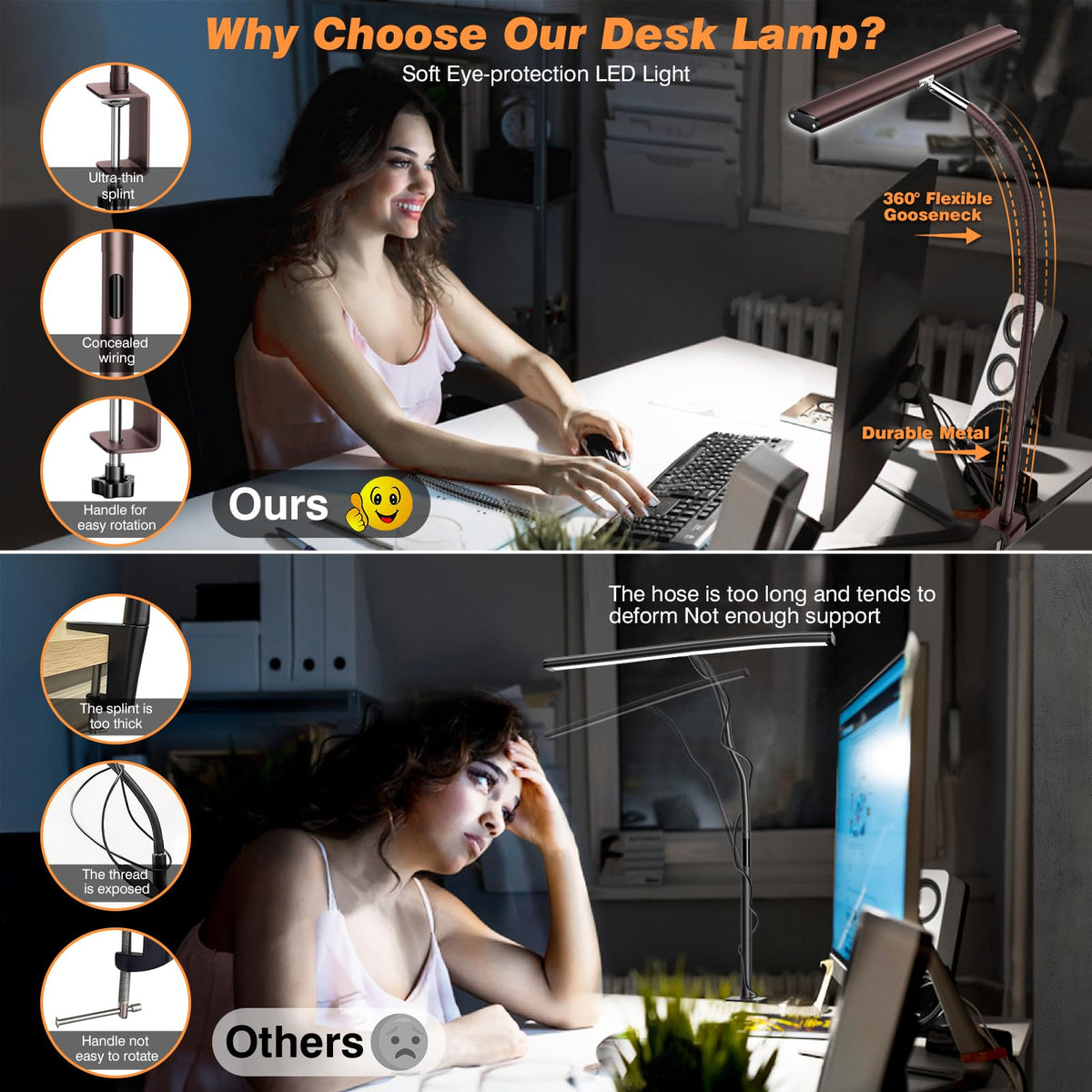 Airlonv LED Desk Lamp with Clamp, 17" Stepless Dimming Light, Black