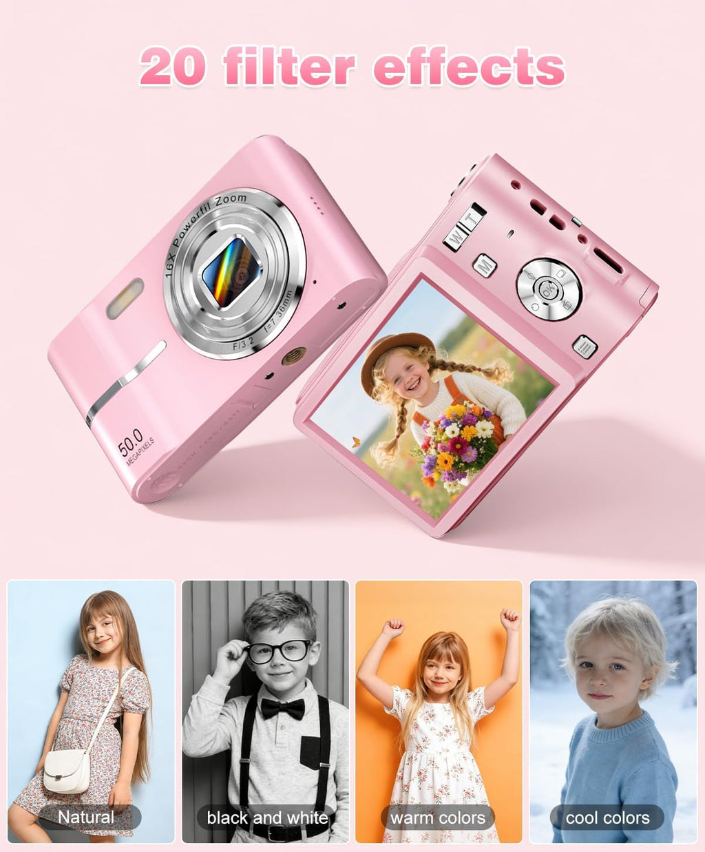 Digital Camera, 1080P FHD Vlogging Camera 50MP Compact Portable Photo Camera with 2.4" Screen, 16X Digital Zoom Mini Small Pocket Camera for Kids Students with 1 Battery, 16GB Card (Pink)