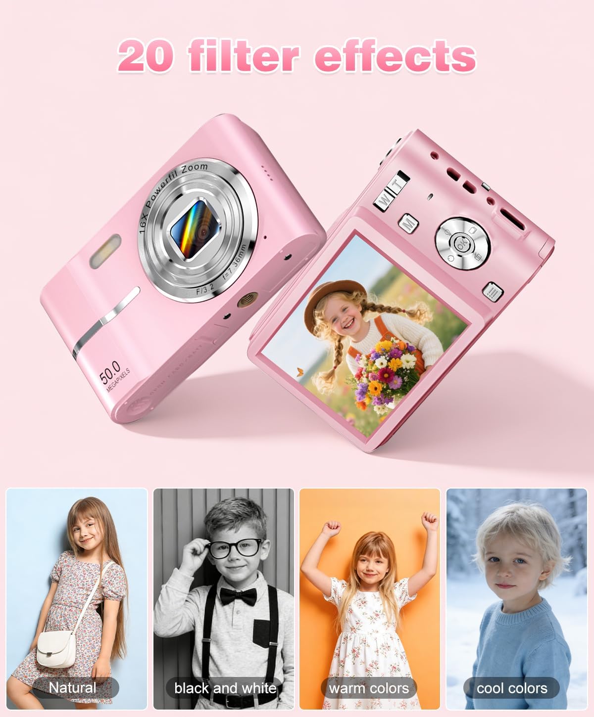 Digital Camera, 1080P FHD Vlogging Camera 50MP Compact Portable Photo Camera with 2.4" Screen, 16X Digital Zoom Mini Small Pocket Camera for Kids Students with 1 Battery, 16GB Card (Pink)