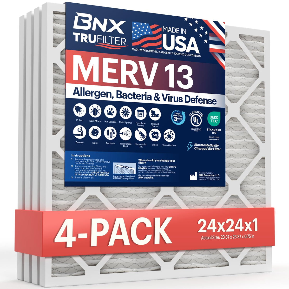BNX TruFilter 20x20x1 Air Filter MERV 13 Smoke, Allergy, Pet Defense 6-Pack