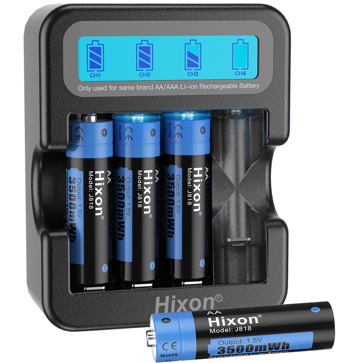 Hixon AA Rechargeable 1.5V Lithium Battery 4 Pack with LCD Charger, 3A High Current Output,3500mWh High Capacity, Constant Output,1600 Cycles,Long Lasting