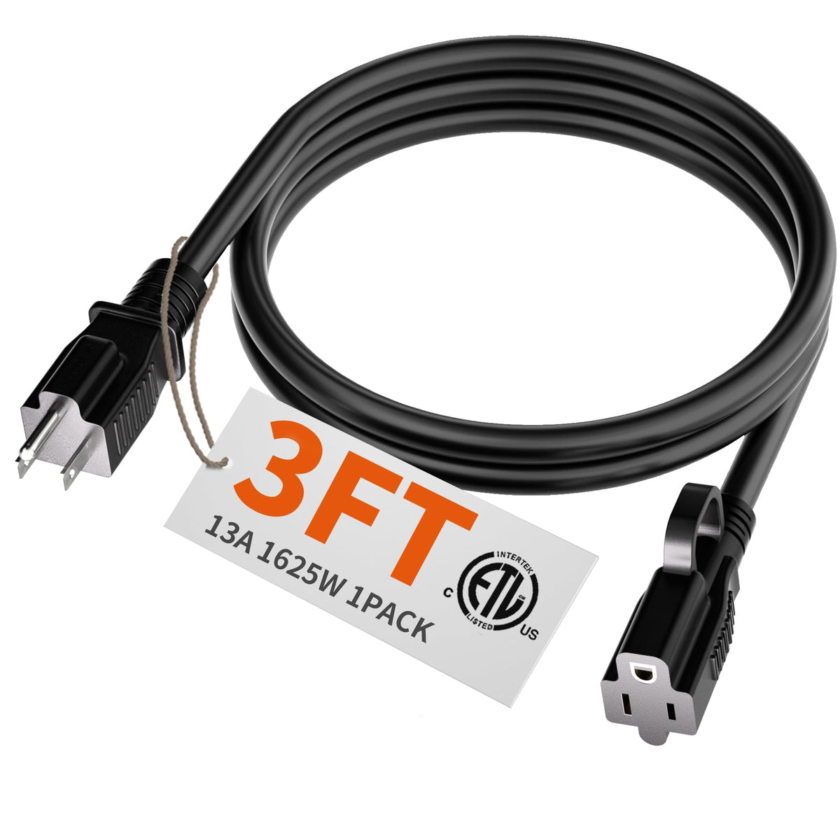 HUANCHAIN Indoor Black Extension Cord 3 FT Waterproof 16/3 Gauge