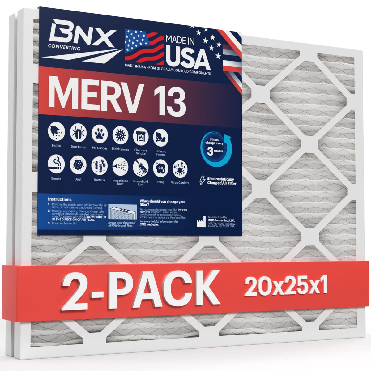 BNX TruFilter 20x20x1 Air Filter MERV 13 Smoke, Allergy, Pet Defense 6-Pack