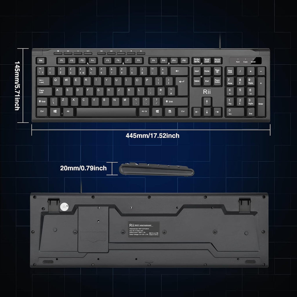 Rii RK907 USB Wired Keyboard Full Size Office Keyboard Compatible with Mac PC Tablet Windows Android Microsoft UK Layout
