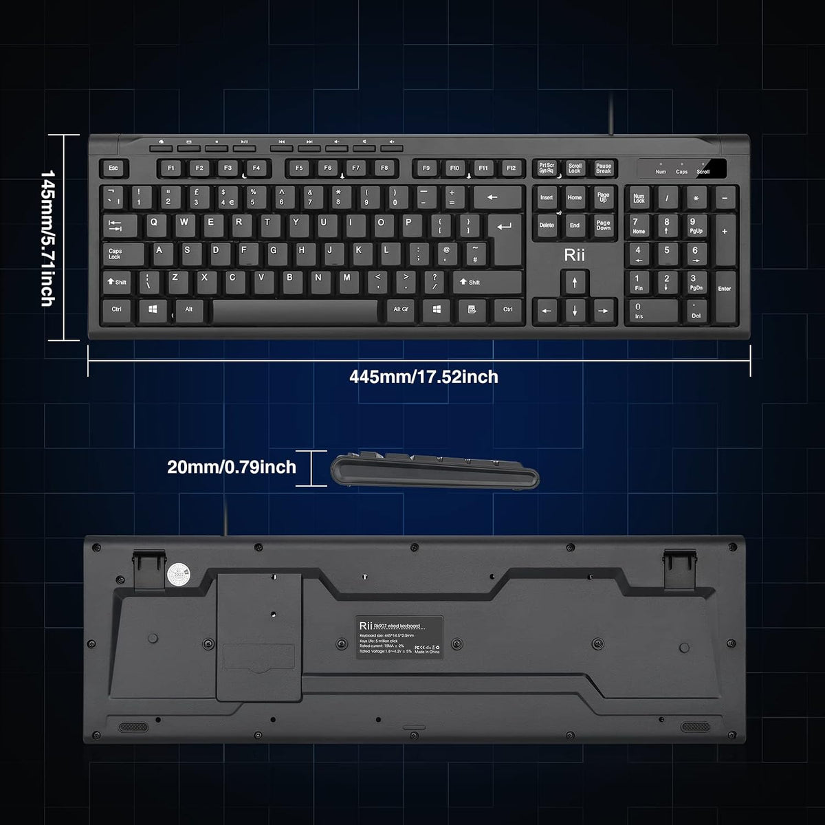 Rii RK907 USB Wired Keyboard Full Size Office Keyboard Compatible with Mac PC Tablet Windows Android Microsoft UK Layout