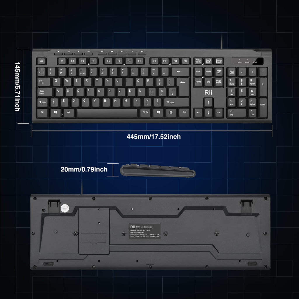 Rii RK907 USB Wired Keyboard Full Size Office Keyboard Compatible with Mac PC Tablet Windows Android Microsoft UK Layout